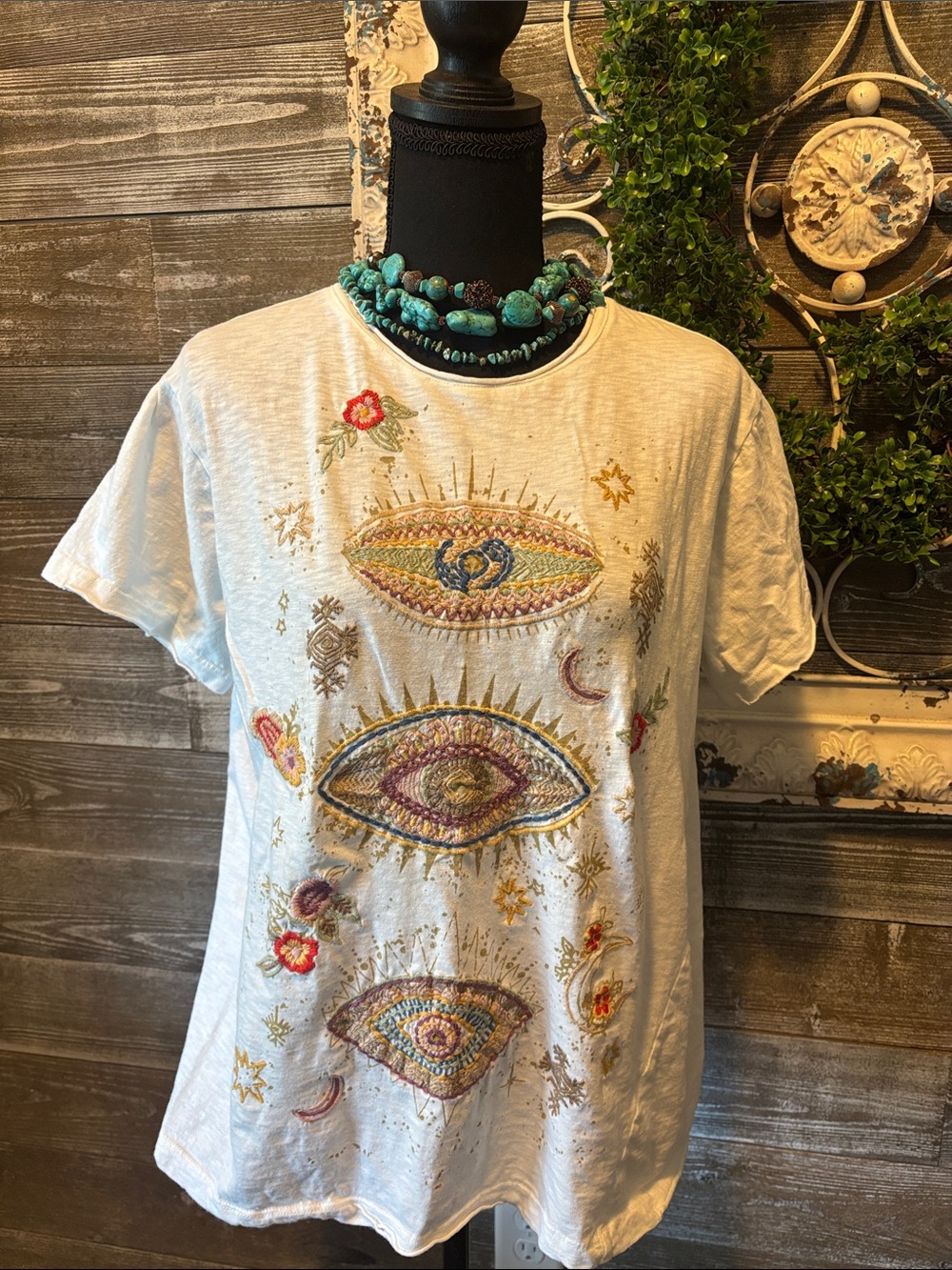 Kyla Seo Oversized (x-small) Embroidered White Eye Motif Women's Tee - fits 8/10